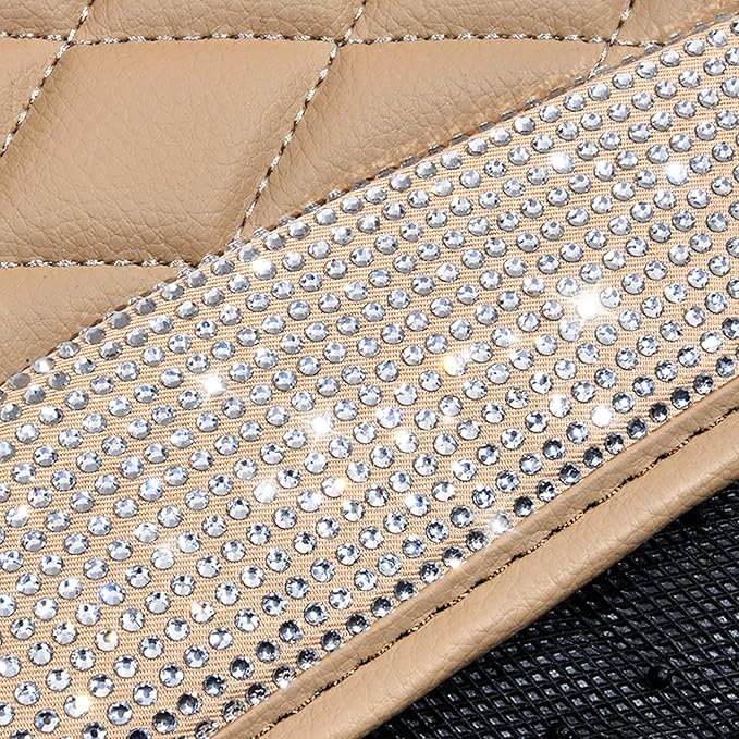 CAR PASS Bling Beige Leather Car Mats Shining Diamond Floor Mats Crystal Rhinestone Sparkly Glitter Carpet Anti-Slip Waterproof Pad Universal Fit for Automotive SUV, Sedan, Van, 5pcs Girl Women Beige