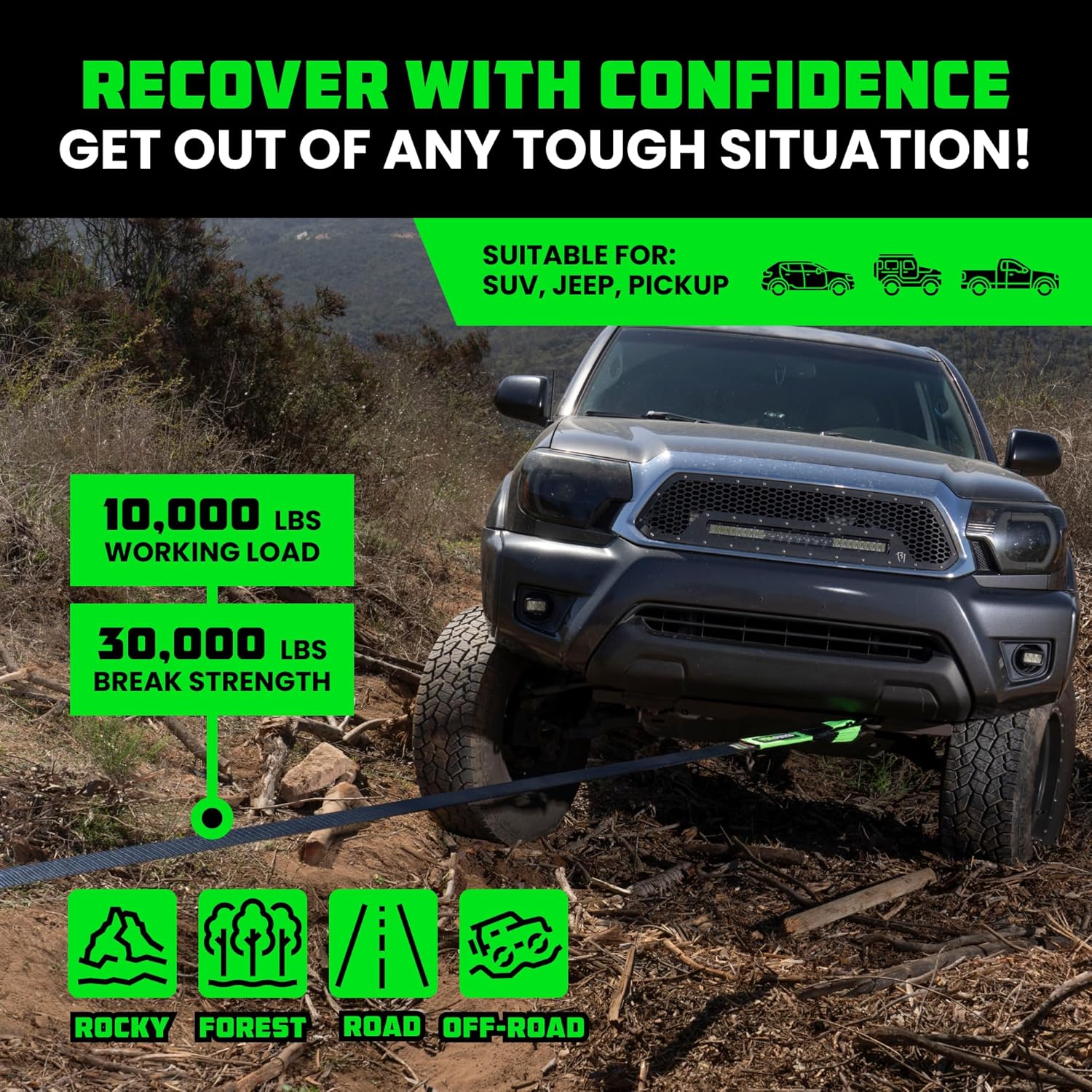 Rhino USA Recovery Tow Strap (3" x 30') - 31,518lb Break Strength - Emergency Recovery Strap Tow Rope for Truck, UTV, ATV & More - Heavy Duty Towing Strap for Offroad 4x4 Use - Compatible with Jeep