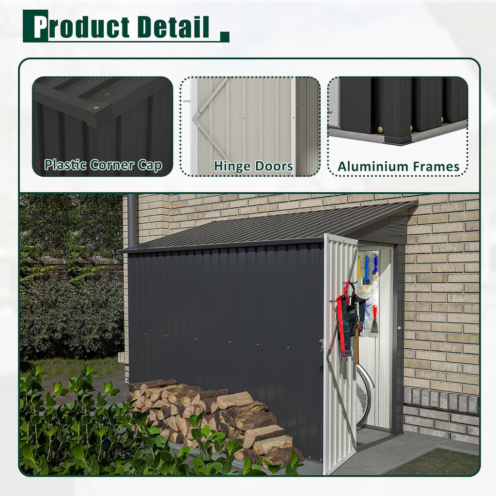 4 x 8 FT Metal Outdoor Storage Shed with Foundation, Lean to Storage Sheds w/Lockable Door and Air Vents, All Weather Waterproof Garden Tool House for Backyard, Patio, Lawn, Black