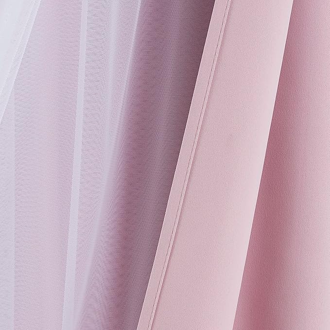 Bujasso Pink Blackout Curtains with Sheer Overlay Mix and Match Double Layer 80% Room Darkening Window Treatment Set for Girls Bedroom Living Room Pink Drapes with Tiebacks Grommet Top 37" Wx84 Lx2