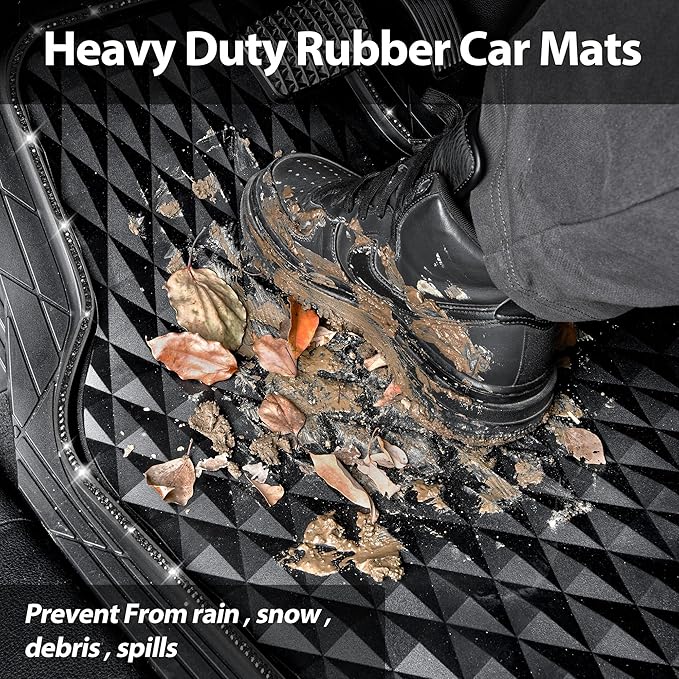 CAR PASS Bling Diamond Rubber Car Mats, Heavy Duty Deep Dish All-Weather Floor Mat Full Set Anti-Slip 3D Rhombus Waterproof Trim to Fit Liner Universal Glitter Sparkly Shining Rhinestone, 3 Pcs Black