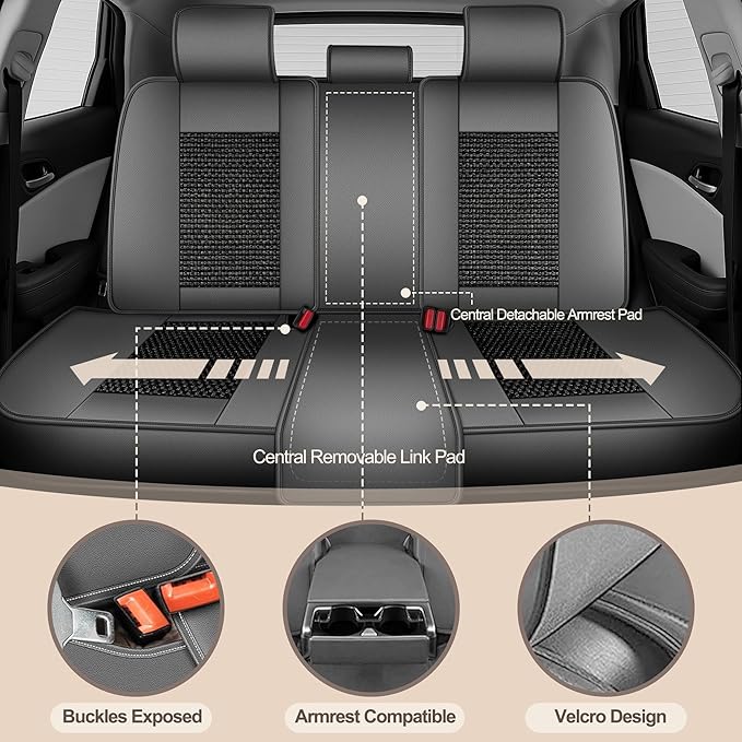 TTX LIGHTING for Hyundai Kona 2018-2026 Car Seat Covers, Breathable Ice Silk & Leather Seat Protector, Cool & Anti-Sweat for Long Driving, Airbag Compatible, 5 Seats Full Set (Black&Gray)