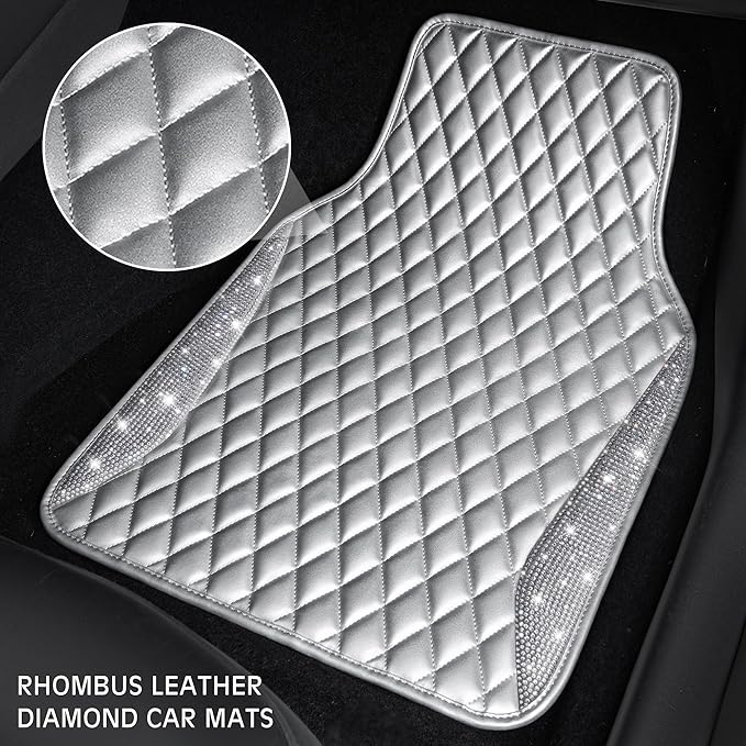 CAR PASS Bling Leather Car Mats Shining Diamond Floor Mats Crystal Rhinestone Sparkly Glitter Carpet Anti-Slip Waterproof Pad Universal Fit for Automotive SUV, Sedan, Van, 5pcs Girl Women Pure Silver