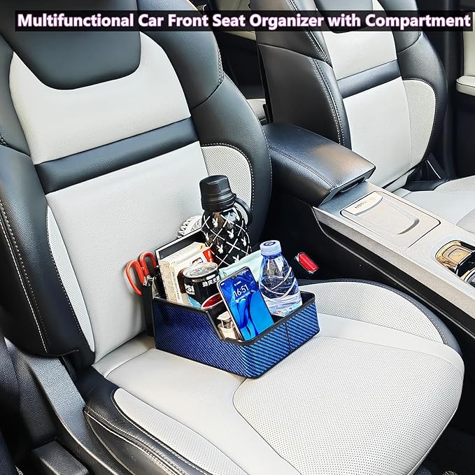Car Front Seat Organizer with Compartment,Center Console Armrest Storage Box,Car Seat Cup Holder Tray,Back Seat Small Caddy,Car Organizer and Storage with Non-Slip Pat,fit for Truck,SUV,Van (Blue)