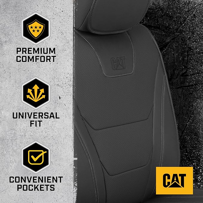 Cat® Edge Deluxe Faux Leather Car Seat Covers – Full Set (2 Front + 1 Rear Bench) – Semi-Custom Universal Fit, Two-Tone Black – Rugged Automotive Interior Covers for Cars, Trucks & SUVs