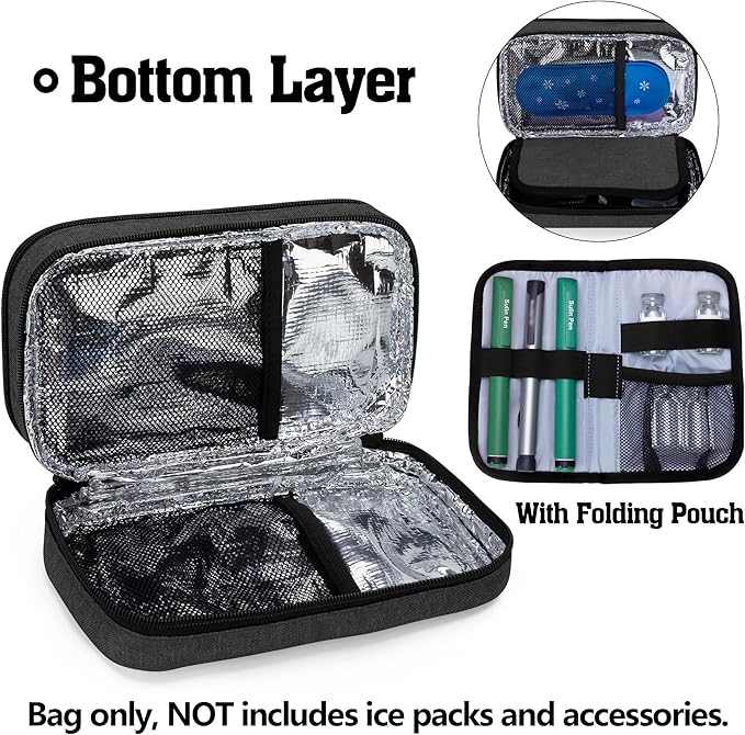 CURMIO Insulated Insulin Cooler Travel Case, Double Layer Diabetic Supplies Storage Bag with Detachable Pouches for Diabetic Medication and Ice Packs, Black, Empty Bag Only