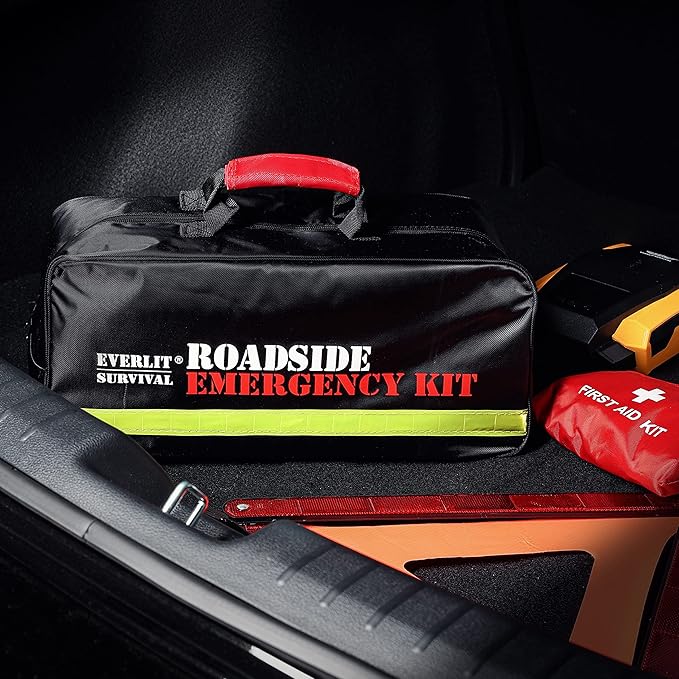 Everlit Survival Car Emergency Kit, Roadside Safety Tool Kit with Gloves,Digital Auto Air Compressor Tire Inflator, First Aid Kit, 12 Feet Jumper Cable, Tow Strap, Flashlight for Women, Men, Teenagers