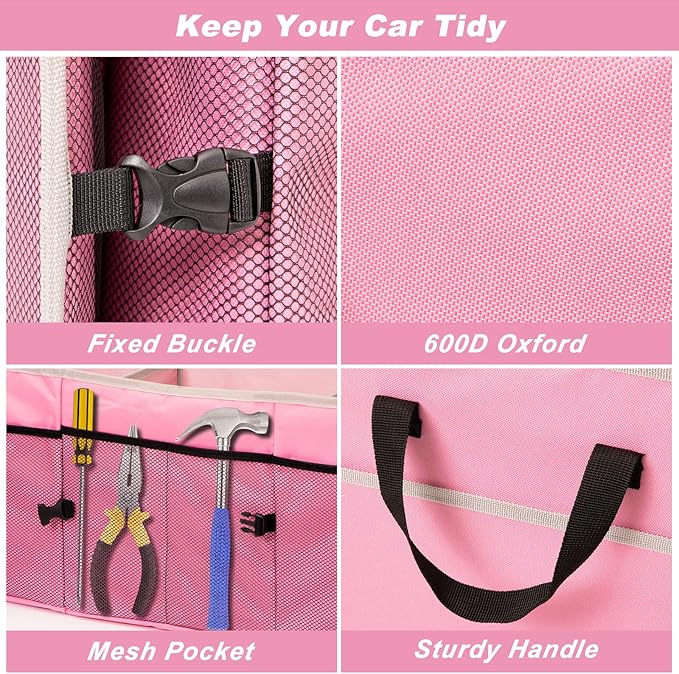 Car Trunk Organizer with Individual Cooler Bag - 2 Compartment Collapsible Car Storage for SUV (Pink)