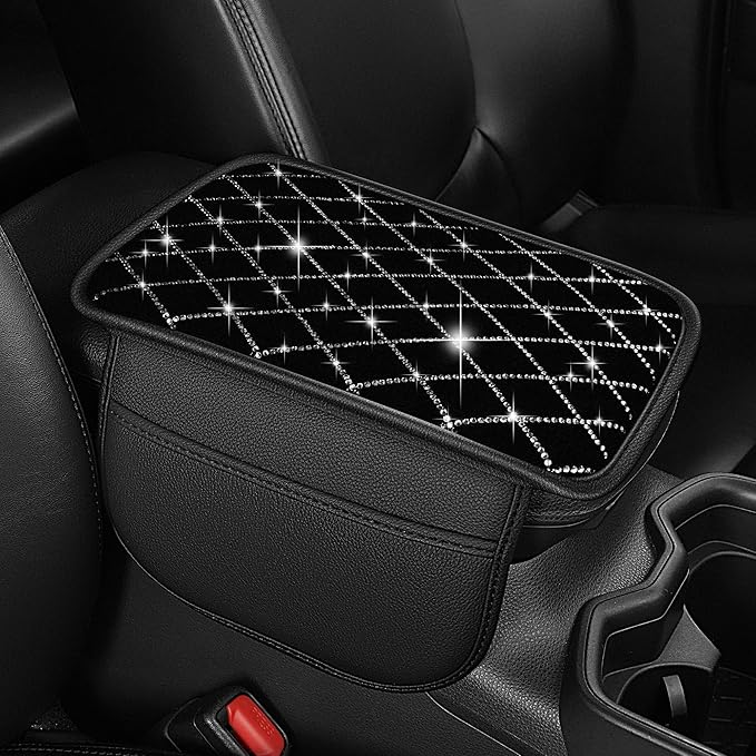 Center Console Cover Fit for Kia Soul 2010-2025 with 2 Storage Bags Quilted-Studded Leather Quilted Pattern Car Armrest Cover Cushion Anti-Slip(Black&Quilted)