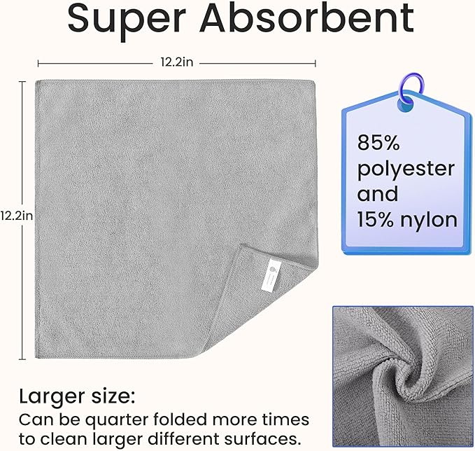 Microfiber Cleaning Cloths-12 Pack,Microfiber Towels for Cars & Kitchen,Highly Absorbent Cleaning Towel,Lint Free Streak Free Rags for House,Window,Grey(12.2"x12.2")