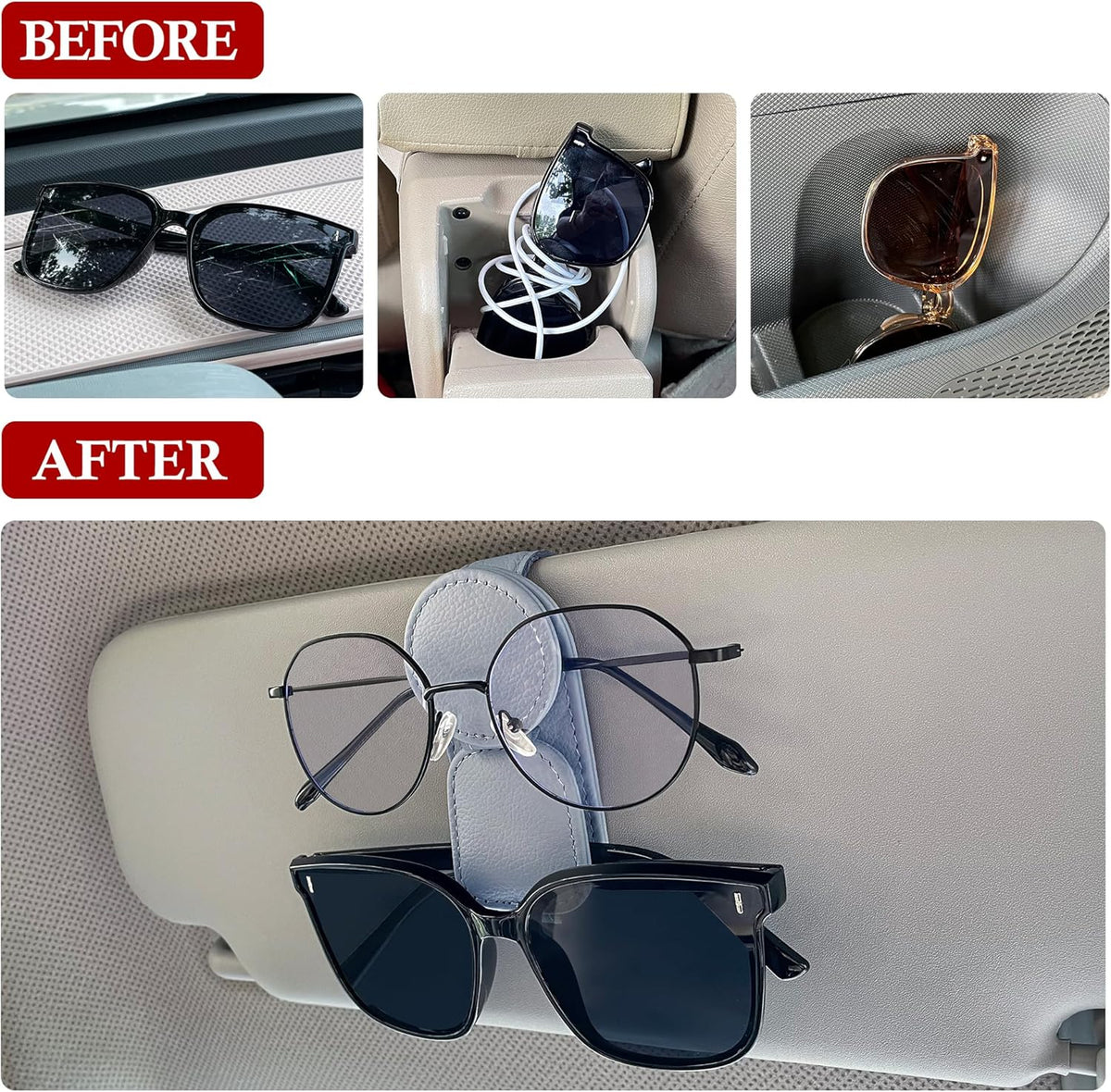 KIWEN Sunglasses Holder for Car Visor, Magnetic Leather Sunglass Eyeglass Hanger Clip for Car Sun Visor Accessories (1, Gray)