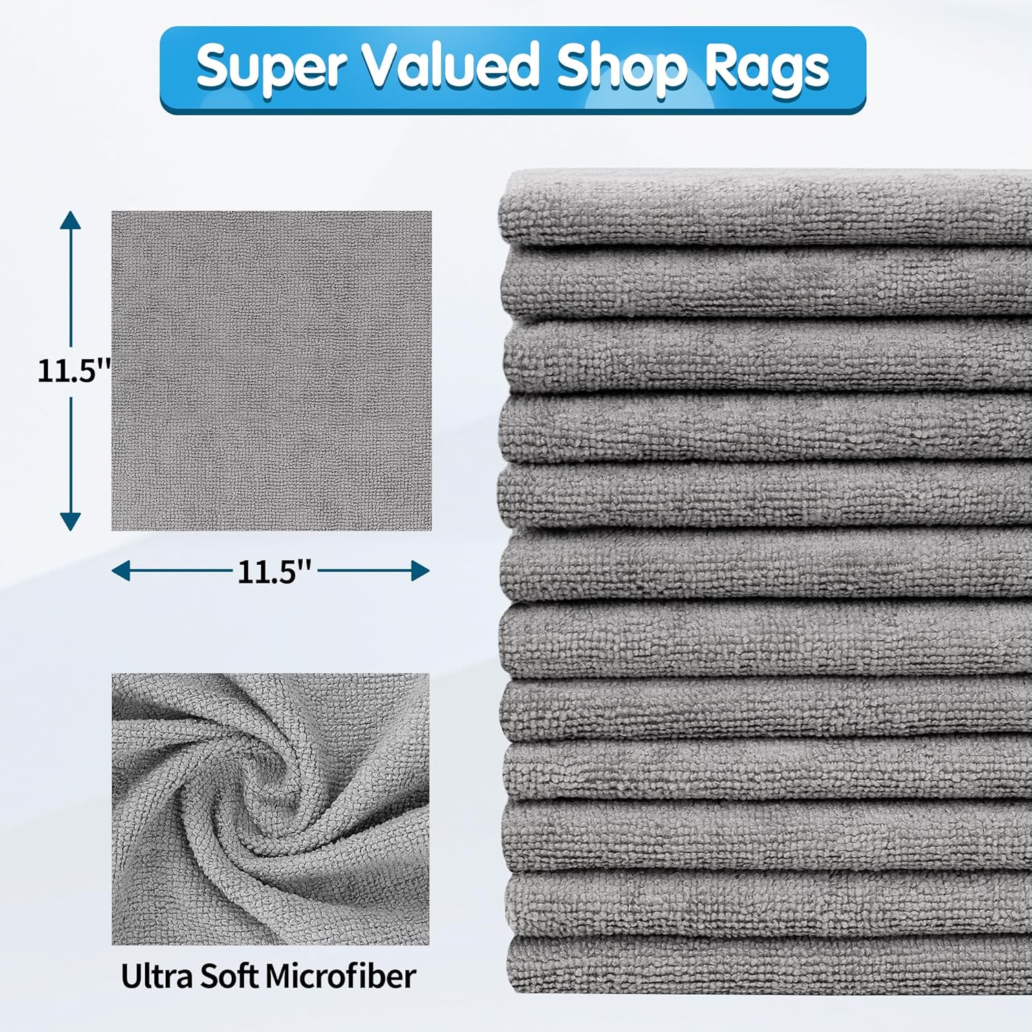 FIXSMITH Shop Towels, Pack of 150, Grey Microfiber Cleaning Cloth Bulk, Microfiber Towels for Cars, All-Purpose Absorbent Cleaning Rags, Dust Cloth for Automotive, Mechanic, Garage, 11.5 x 11.5 inch