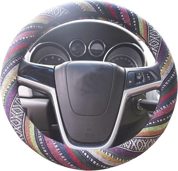 Ethnic Style Coarse Flax Cloth Automotive Steering Wheel Cover Anti Slip and Sweat Absorption Auto Car Wrap Cover (B, 15.25''-16'')