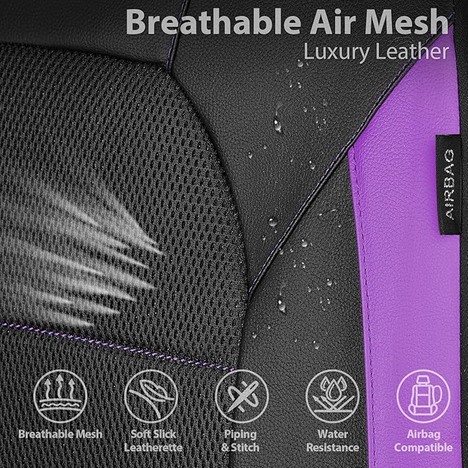 CAR PASS Leather Seat Covers, Breathable Universal Car Seat Cover Full Set for Cute Women Girly,Super 5mm Composite Sponge Inside,Airbag Compatible fits Most Auto,SUVs,Trucks,Vans(Black&Purple)