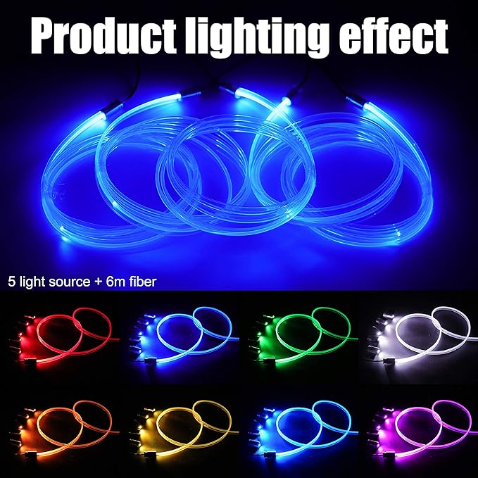 Car Interior Strip Lights, 5 in 1 Multicolor RGB Car Ambient Lighting Kit, 6m Fiber Optic EL Neon Tube Light, DIY Mode Music Sync APP Control DC 12V
