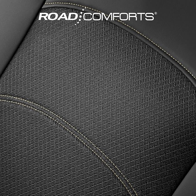 Road Comforts Car Seat Covers, Leather Front Seat Covers with Piping, Air-Cool Mesh Designed, Airbag Compatible Automotive Seat Covers for Most Car, Truck, Van, SUV - Black with Beige Piping
