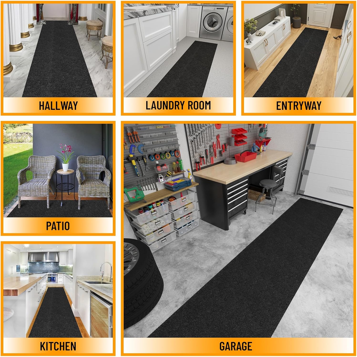 Ottomanson 2' x 52' Hallway Runner with Scraper Pile Extra Durable Non-Slip Rug Mat for Indoor & Outdoor Use - Ideal for Kitchen, Entryway, Patio & Garage - High-Traffic Carpet, Black