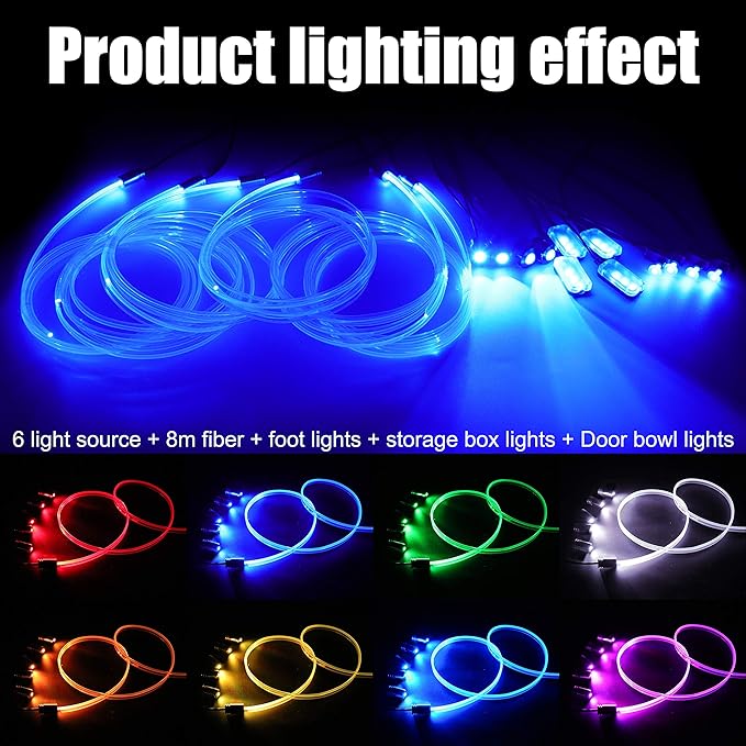 Car Interior Ambient Lighting Optic Fiber RGB 64 Colors Multicoloured Music Car Footwell Lighting Kit with Cigarette Lighter and App Microphone, 12-24V 8m