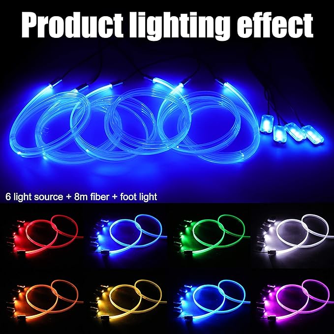 Car Interior Ambient Lighting Optic Fiber RGB 64 Colors Multicoloured Music Car Footwell Lighting Kit with Cigarette Lighter and App Microphone, 12-24V 8m