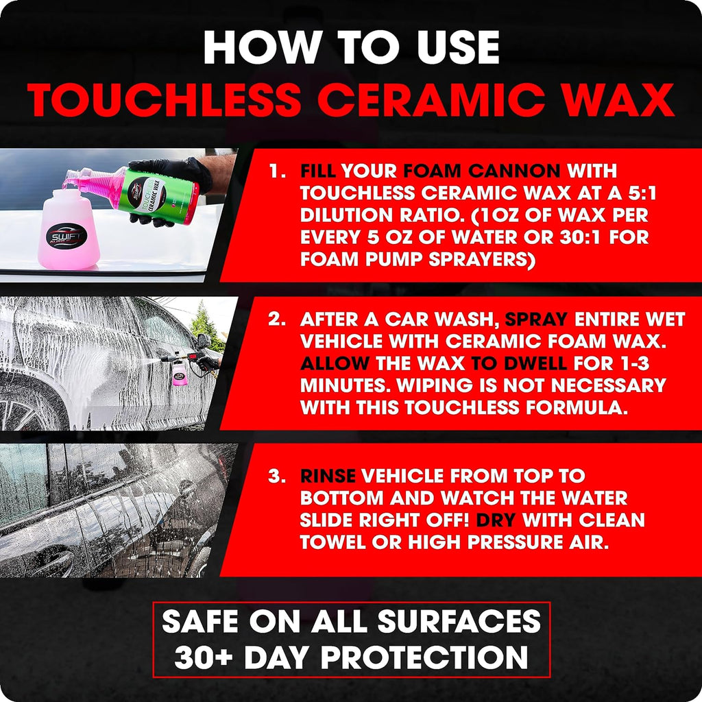 Swift Touchless Ceramic Foamable Wax (32 Oz) – Spray On/Rinse Off For High-Gloss, Hydrophobic Protective Layer | For Foam Cannon & Foam Pump Sprayer After Car Wash | Wax Cars, Trucks, RV’s & More!