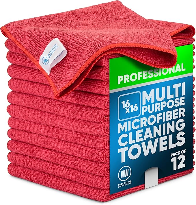 MW Pro Microfiber Cleaning Cloth | Red (12 Pack) | Size 16" x 16" | All Purpose Microfiber Towels - Clean, Dust, Polish, Scrub, Absorbent