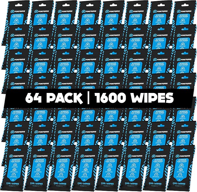 Fortress Car Interior Wipes (25 ct, Pack of 64) for Car Interior Cleaning, Dashboard, Seats, Detailing, and Steering Wheel [Travel Size] Skin-Safe Car Interior Cleaner Supplies