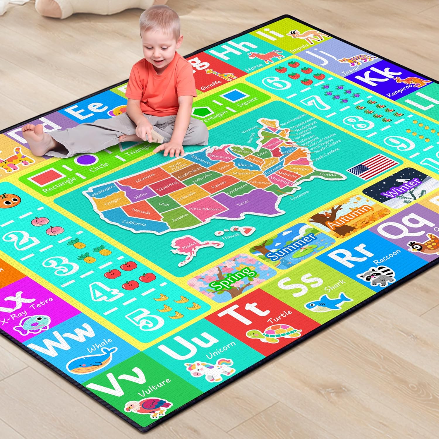 ABC Rug for Kids Playroom, 5'x 6'6" Washable Classroom Area Rugs, Educational Learning Mat with Alphabet Numbers Animals Seasons Shapes for Classroom Preschool Playroom