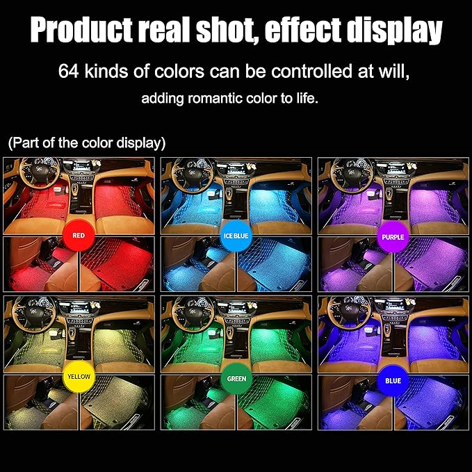 64 Colors Car Ambient Lighting Footwell APP Control Multicoloured Music Car Atmosphere Decorative Lighting Kit 1W DC 12V-24V