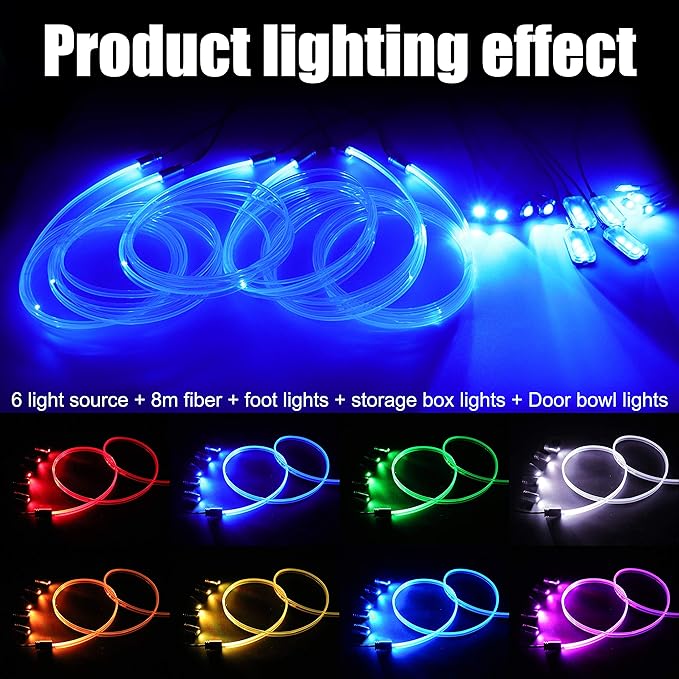 Car Interior Ambient Lighting Optic Fiber RGB 64 Colors Multicoloured Music Car Footwell Lighting Kit with Cigarette Lighter and App Microphone, 12-24V 8m