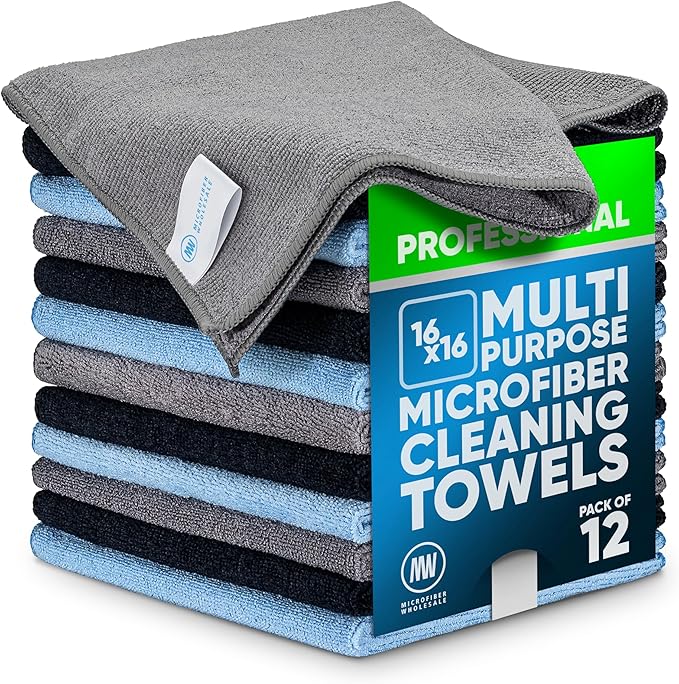 MW Pro Microfiber Cleaning Cloth | Black Gray Blue | 12 Pack | 16” x 16” | All Purpose Microfiber Towels - Clean, Dust, Polish, Scrub, Absorbent