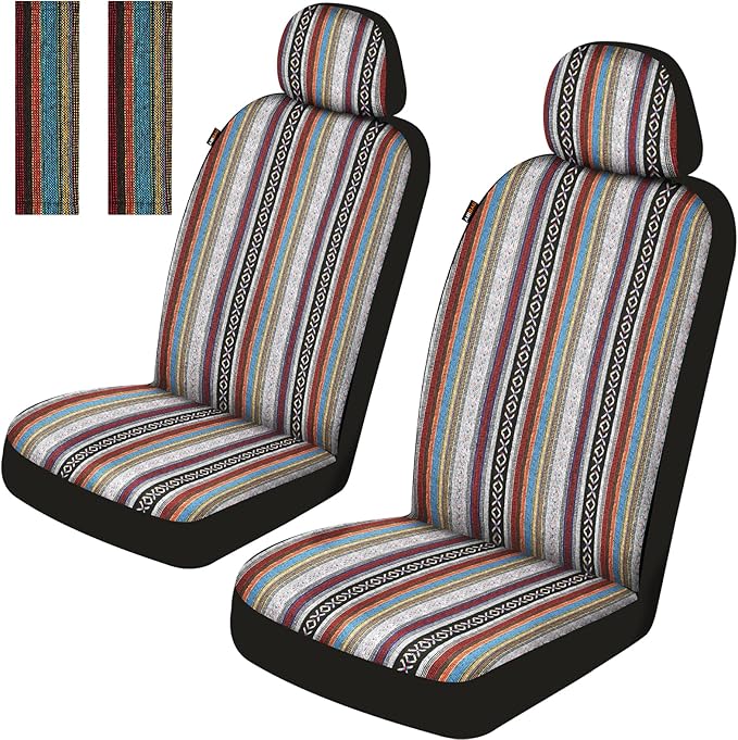 Baja Saddle Blanket Car Seat Covers Front Set with Seat Belt Pads, Washable Breathable Striped Woven Cloth Seat Covers for Cars, SUV, Truck, Airbag Compatible(Red)