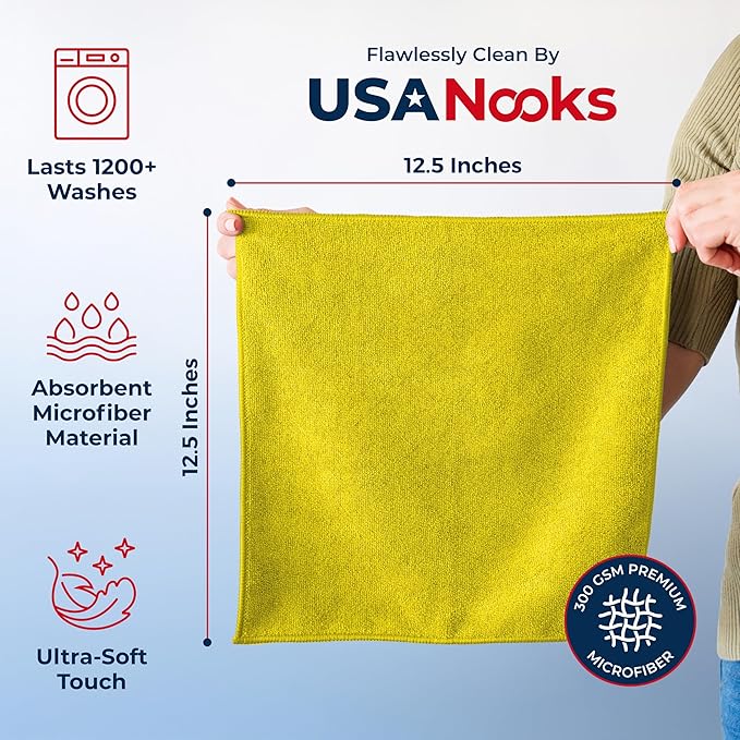 USANOOKS Microfiber Cleaning Cloth Yellow - 24 Pcs 12.5"x12.5" - High Performance - 1200 Washes, Ultra Absorbent Towels Weave Grime & Liquid for Streak-Free Mirror Shine - Car Washing Cloth