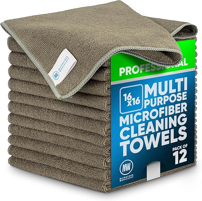 MW Pro Microfiber Cleaning Cloth | Olive | 12 Pack | 16” x 16” | All Purpose Microfiber Towels - Clean, Dust, Polish, Scrub, Absorbent