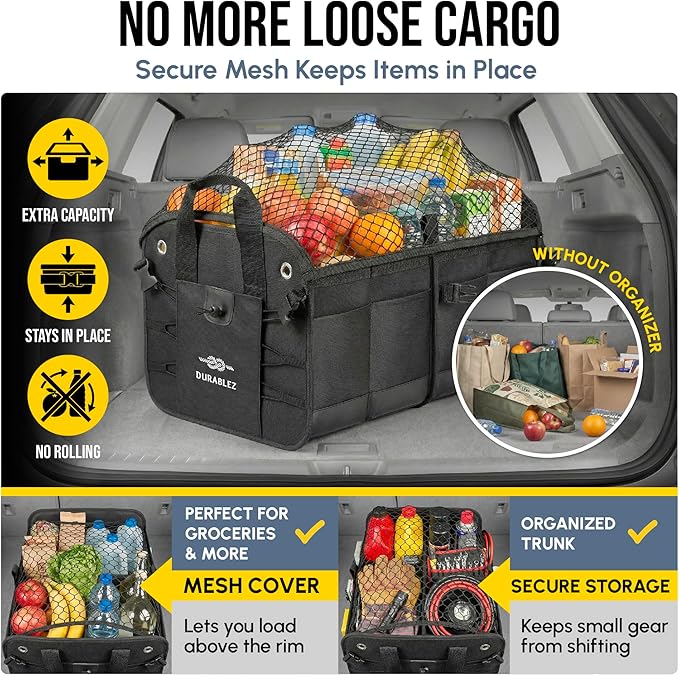2-Section Trunk Organizer Foldable Car Storage Bin – Compact Dual-Compartment Auto Organizer with Cover Net, Non-Slip Pads, Heavy Duty Oxford 1680D – Black