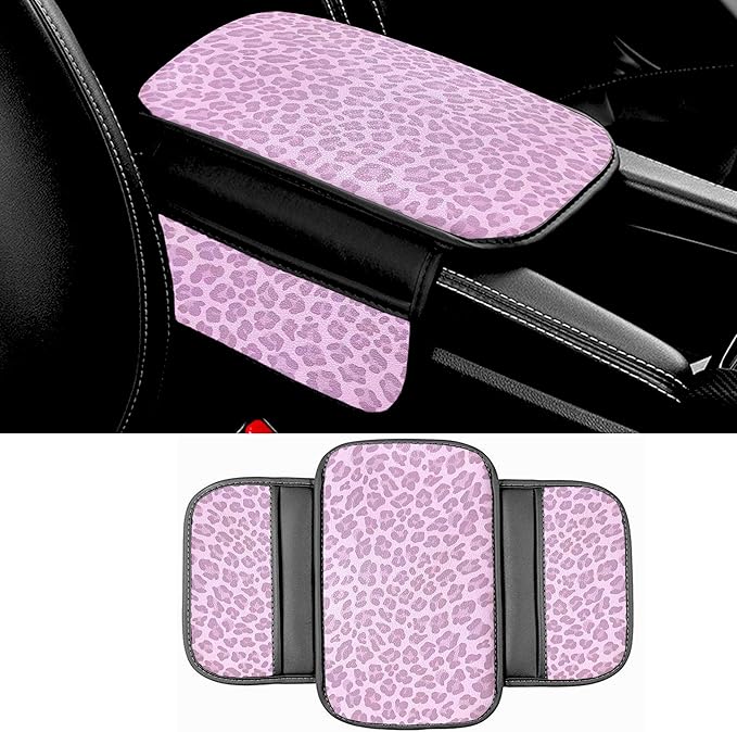 Dotesy Pink Cheetah Print Car Center Console Cover,Microfiber Leather Car Armrest Pad Cushion with 2 Storage Bags,Universal Car Armrest Storage Box Car Interior Accessories for Most Vehicles
