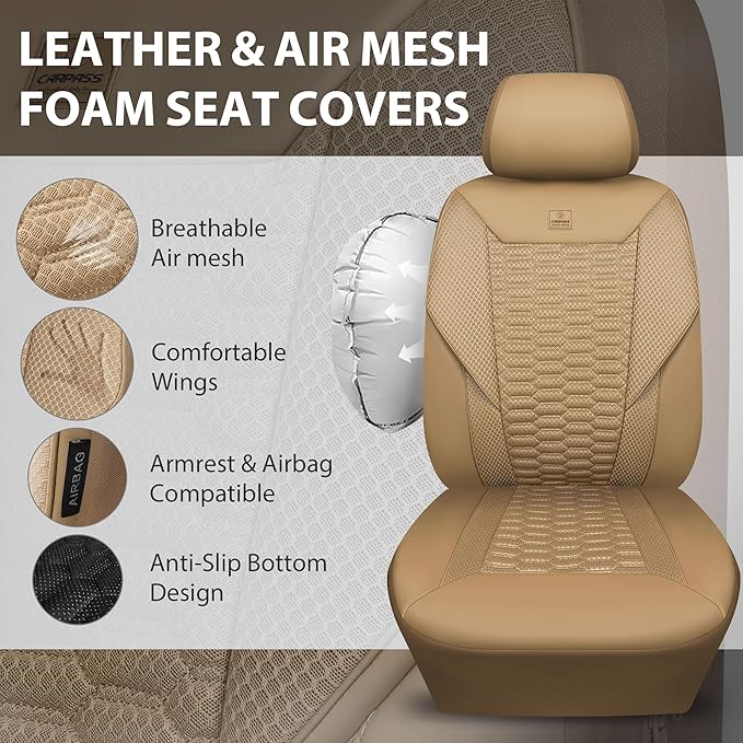 CAR PASS 3D Foam Mesh Leather Car Seat Covers Full Set, Tan Breathable Mesh Faux Leather Seat Covers for Car, Universal Fit for SUV Truck Sedan Automotive, Armrest Airbag Compatible, All Beige