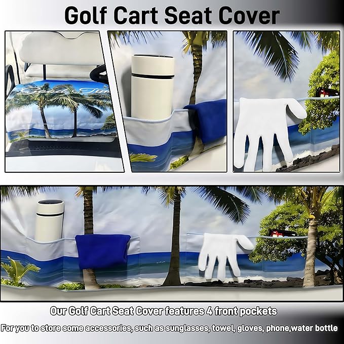 Golf Cart Seat Covers - Quick-Dry Cooling Seat Blanket with 4 Front Pockets, Elastic Armrest Openings, Fits EZGO Yamaha Club Car EPIC, 2-Person Microfiber Suede, Sweat Absorption, All-Season