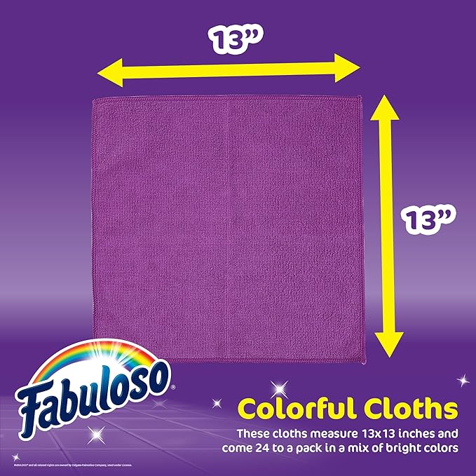 Fabuloso Microfiber Cleaning Cloths for Home & Car, Lint-Free Scratch-Free Rags for Glass, Kitchen & Wood, Reusable Machine Washable, Absorbent for Dusting & Wiping, Purple, 13 x 13 in, 12 Count