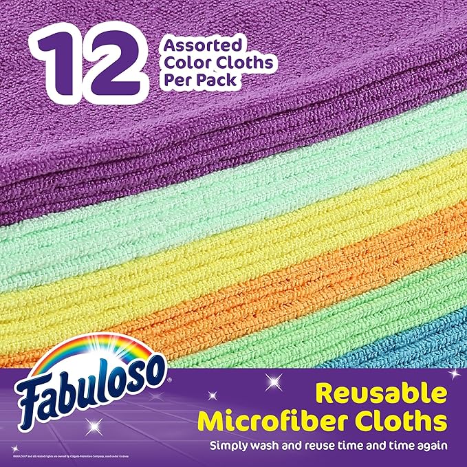 Fabuloso Microfiber Cleaning Cloths for Home & Car, Lint-Free Scratch-Free Rags for Glass, Kitchen & Wood, Reusable Machine Washable, Absorbent for Dusting & Wiping, Rainbow, 13 x 13 in, 12 Count