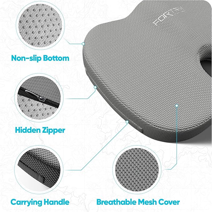 FORTEM Seat Cushion, Office Chair Cushion, Desk Chair Memory Foam, Sciatica Coccyx Tailbone Pain Relief, Pressure Relief, Sitting Pad, for Long Gaming & Sitting, Washable Cover, Non Slip