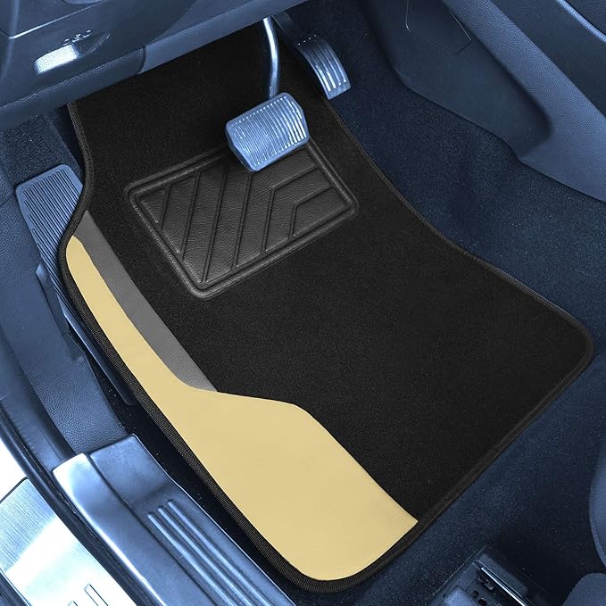 FH Group Color-Block Carpet Car Floor Mats – Non-Slip, Faux Leather Accents, Universal Fit for Sedan, SUV & Truck – Full Set Beige