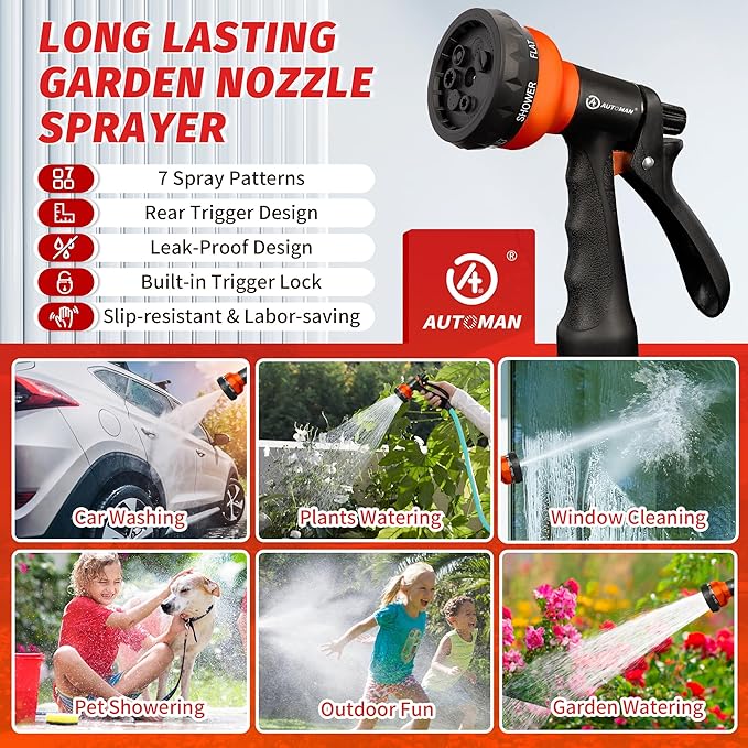 AUTOMAN-Garden-Hose-Nozzle, 2 Pack ABS Water Spray Nozzle with Heavy Duty 7 Adjustable Watering Patterns,Slip Resistant for Watering Plants,Lawn& Garden,Washing Cars,Cleaning, Orange