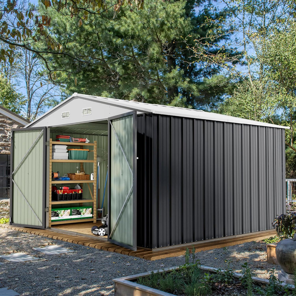 Devoko 10 x 10 FT Outdoor Storage Shed, Metal Garden Sheds & Outdoor Storage Clearance, Large Tool Shed Outdoor with Single Lockable Door for Patio Lawn Backyard (Gray)