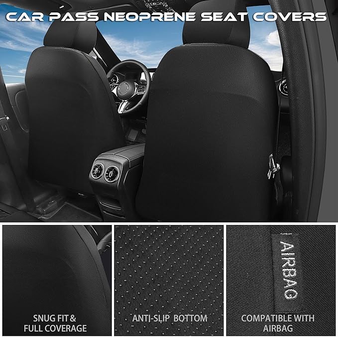 CAR PASS Waterproof Car Seat Covers Front Seats Covers Neoprene Wetsuit, All-Weather Non-Slip Durable,Universal Fit for SUV Sedans Trucks Vans Automotive,Armrest Airbag Compatible,Emboss 2 Black Green