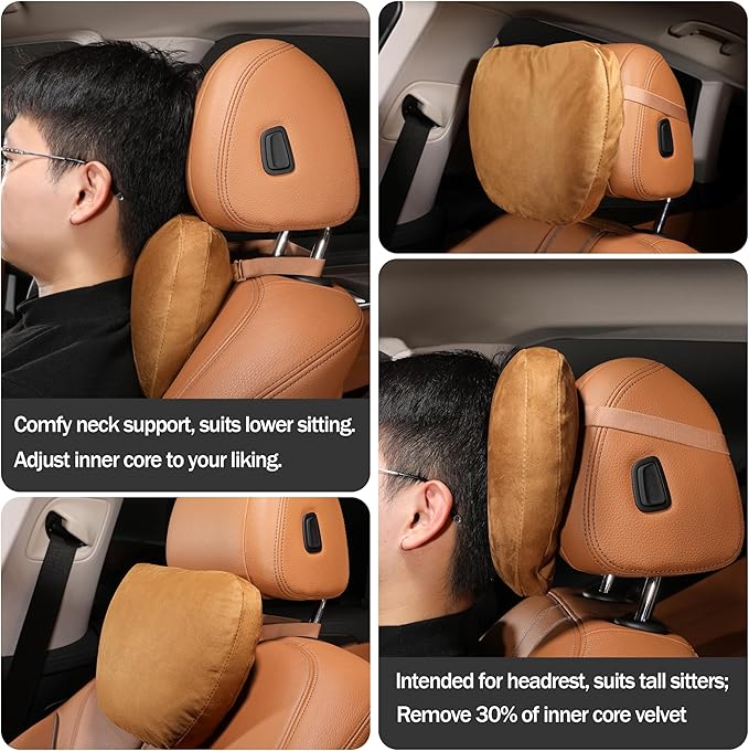Genuine Leather Car Neck Pillow for headrest,Support Drive Seats Head Cushion,Real Cow Leather,11.8x7.5”,Plant-Based Polyester,Thickness & Height Adjustable,Inner Liner fillable(Beige,1p)