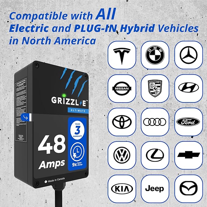 Grizzl-E 48A Ultimate Level 2 Fast Electric Vehicle (EV) Charger, UL Tested and Certified, Metal Case, Indoor/Outdoor Electric Car Fast Charging Station, Hardwired, Classic Black, J1772
