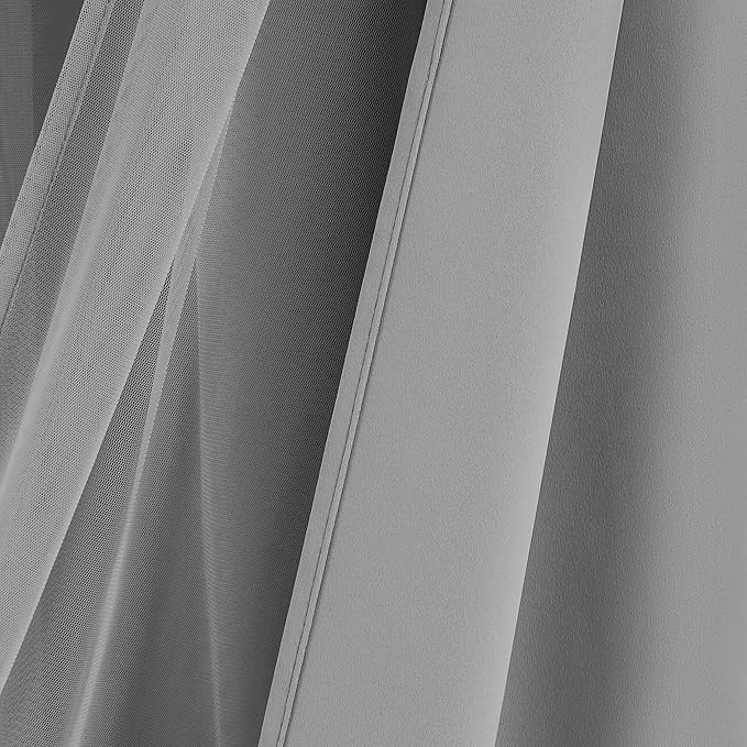 Bujasso Grey 90% Blackout Curtains with Sheer Overlay Mix and Match Double Layer Window Curtains Thermal Insulated 63 inch for Living Room Bedroom Gray Drapes with Tiebacks Grommet Top 37" Wx63 Lx2