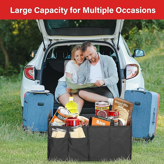 YSSOA Car Trunk Organizer, 2 Compartments Anti-slip 14" D x 22" W x 12" H Collapsible Trunk Storage, 600D Oxford Polyester Car Storage, Suitable for SUV, Minivan, Truck, Black