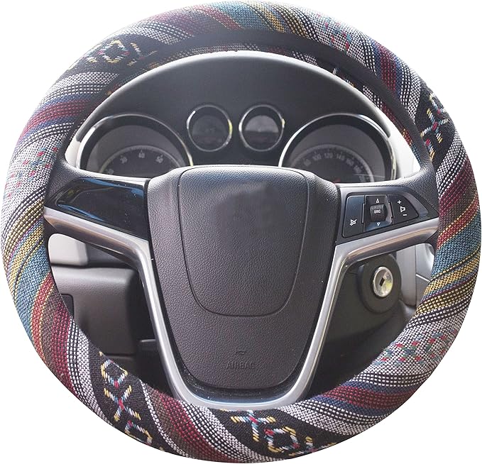 Small Ethnic Style Coarse Flax Cloth Automotive Steering Wheel Cover Anti Slip and Sweat Absorption Auto Car Wrap Cover (14''-14.25, E)