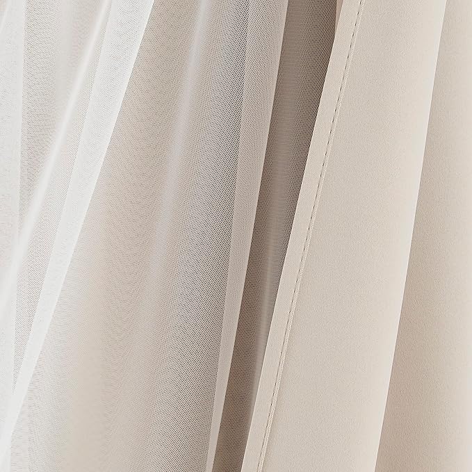 Bujasso Beige Moderate Blackout Curtains with Sheer Overlay Mix and Match Double Layer Thermal Insulated Window Panels 72 inch for Bedroom Beige Drapes with Tiebacks Grommet Top 37" Wx72 Lx2